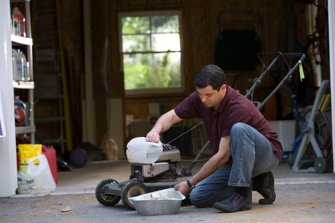 This man was in the process of changing his lawnmower’s oil, using a disposable aluminum catch pan, which was filled with absorbent cat litter, both of which would be discarded in a safe, eco-friendly manner.
Though the act of mowing one’s lawn is rigorous, it is a great form of exercise, which exposes one to fresh, outdoor air, and sunshine. However, precautions need be taken against the inhalation of airborne irritants and pollutants, as well as against the suns powerful rays, by appropriately applying sunscreen to exposed skin.